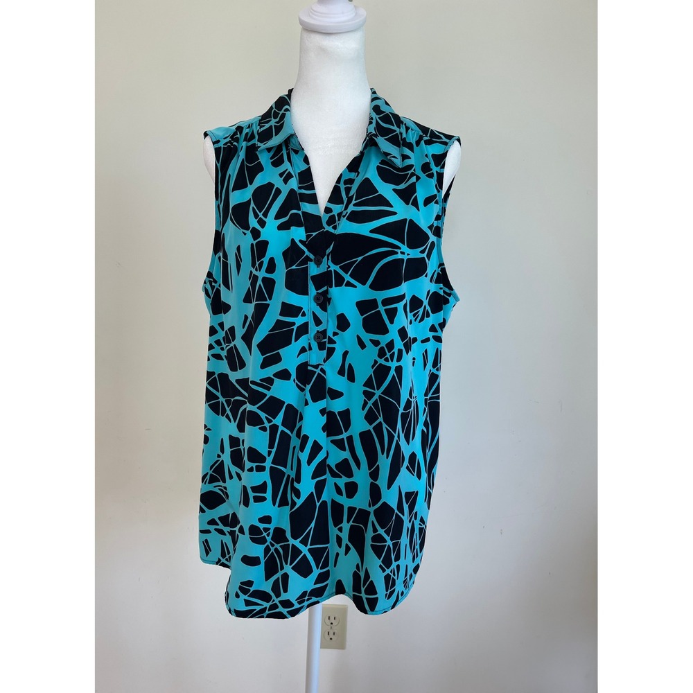 Dana Buchman Womens XL Sleeveless Blouse Turquoise Black Geometric Abstract Top
